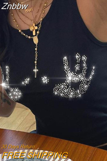 Znbbw Rhinestone Hand Print Crop Top Women Summer Sleeveless Baby Tee Vintage Grunge Slim T-shirt 90s Aesthetic Gothic Tights Vest